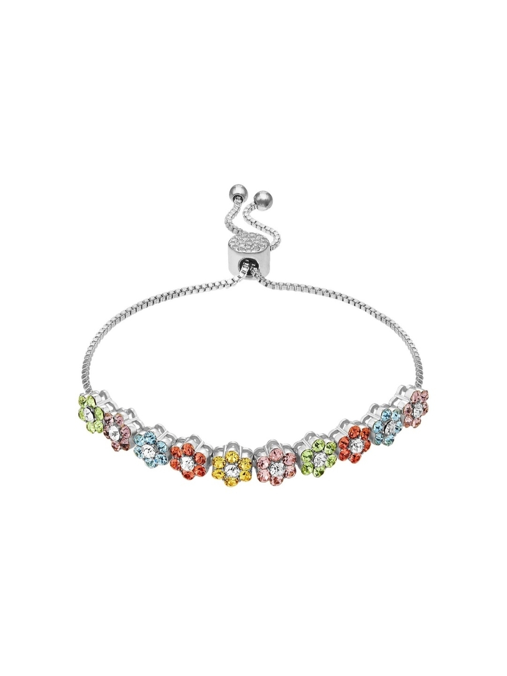 Brilliance Multi Color Crystal Flower Adjustable Bracelet , Silver Tone